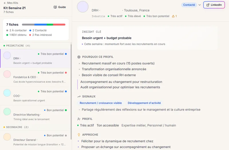 Aperçu du dashboard RELAIS : fiches prospects analysées en profondeur